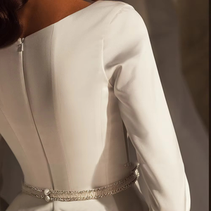 Long Sleeve Satin Wedding Dress with Crystal Pearls Belt and Slit Skirt