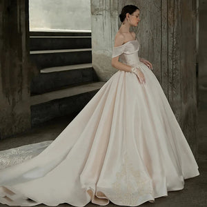 Off the Shoulder High Quality Satin Wedding Dress with Pearls and Appliques