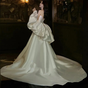 Off the Shoulder A-Line Satin Wedding Dress Backless Luxury Bridal Gown