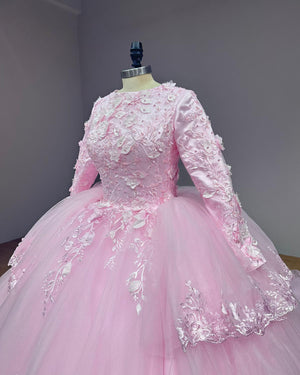 Pink Long Sleeve Wedding Dress with Detachable Train 3D Flowers