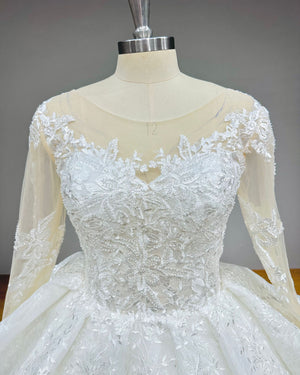 Beaded Lace Ball Gown Wedding Dress with Long Sleeves Vintage Bridal Gown