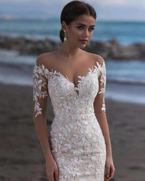 Long Sleeve Mermaid Wedding Dress O Neck Vintage Illusion Back Elegant Bridal Gown