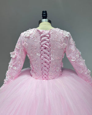 Pink Long Sleeve Wedding Dress with Detachable Train 3D Flowers