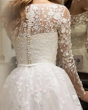 Elegant Tulle A-Line Wedding Dress with Satin Belt and Long Sleeves