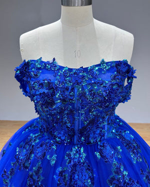 Blue Sweetheart Neck Lace Up Back Quinceanera Dress with Sequins and Flowers