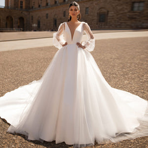 Simple Satin and Tulle Ball Gown Wedding Dress with Detachable Shawl and Backless Design