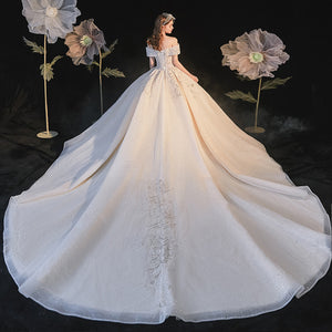 Princess V-Neck Ball Gown Wedding Dress Off the Shoulder Beading Appliques Luxury