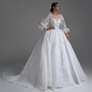 Long Sleeve Ball Gown Wedding Dress with Sequins Beading Lace and Corset Back