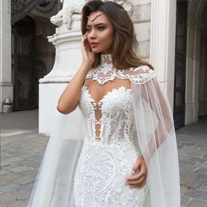 Newest Tulle Mermaid Wedding Dress with Shawl and Sweetheart Neck Luxury Appliques