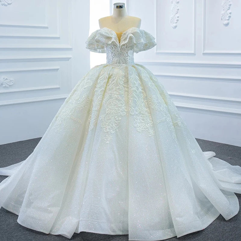 Princess Organza Off-the-Shoulder Wedding Dress with Embroidery and Empire Waist