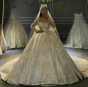 Customized Dubai Princess Luxury Beaded Long Sleeve Wedding Dress