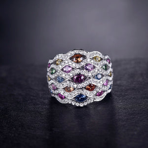 14K White Gold 7.33g Multicolor Sapphire & Diamond Engagement Ring for Women