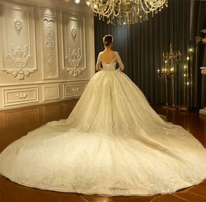 Dubai Style Royal Train Ball Gown Wedding Dress with Long Sleeves