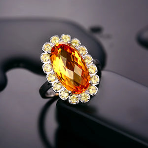 Citrine Ring in 14K White Gold with Yellow Sapphires for Women Anniversary Party Gifts