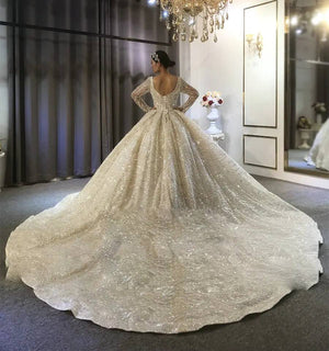 Full Beaded Wedding Dress with Long Sleeves High-Quality Real Work Bridal Gown