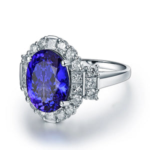 100% Natural Blue Tanzanite Oval Cut 18Kt White Gold Ring with Diamonds