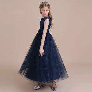 Navy Satin Tulle Long Formal Party Gown Glitter Flower Girl Dress Birthday Party Dress