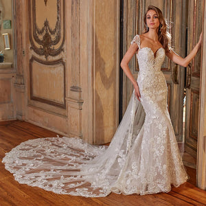 Shiny Mermaid Wedding Dress with Removable Train & Beaded Appliques