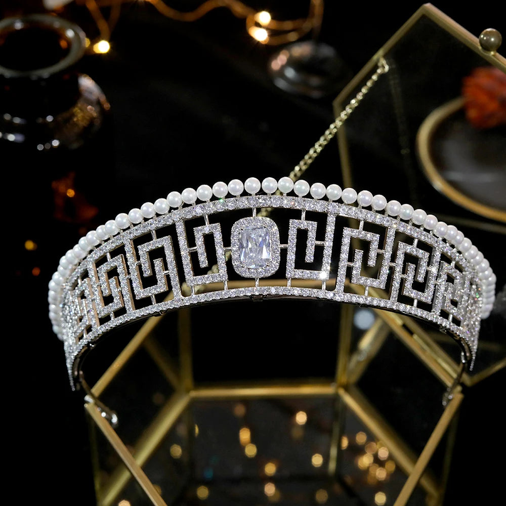 Luxury CZ Tiaras European Royal Princess Crown Pearl Wedding Bridal Hair Accessory