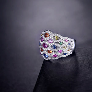 14K White Gold 7.33g Multicolor Sapphire & Diamond Engagement Ring for Women