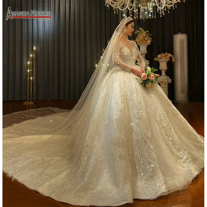 Dubai Style Royal Train Ball Gown Wedding Dress with Long Sleeves