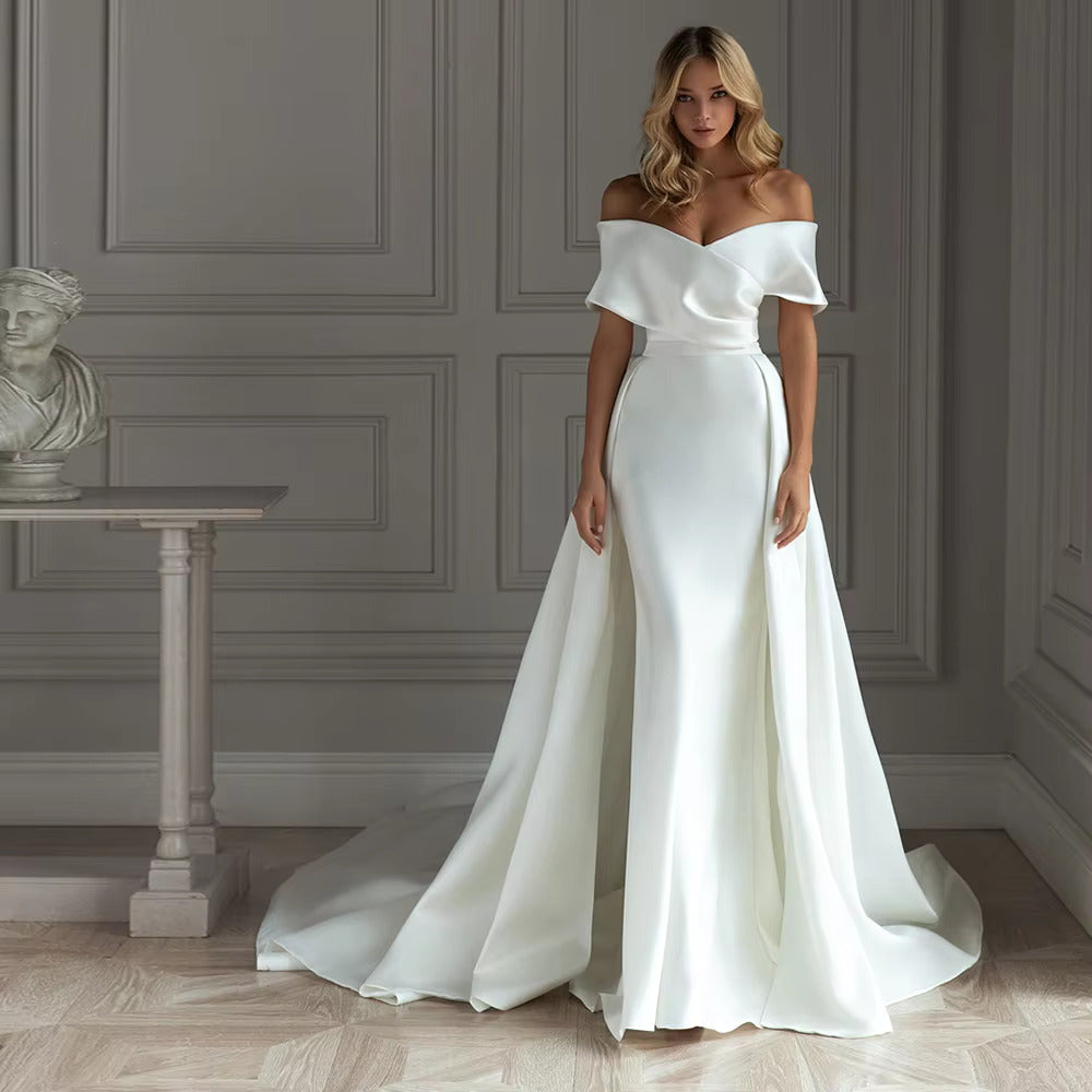 Satin Mermaid Wedding Dress with Detachable Train V-Neck Off-the-Shoulder Design