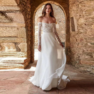 Princess Chiffon Beach Wedding Dress Off Shoulder Long Sleeve with Tulle Appliques