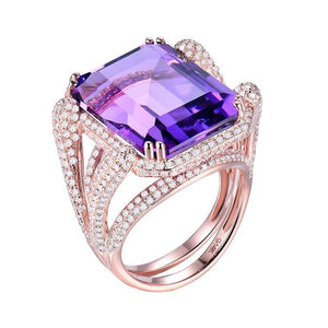 Elegant Emerald Cut Amethyst Ring 14Kt Rose Gold with Diamonds