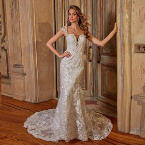 Shiny Mermaid Wedding Dress with Removable Train & Beaded Appliques