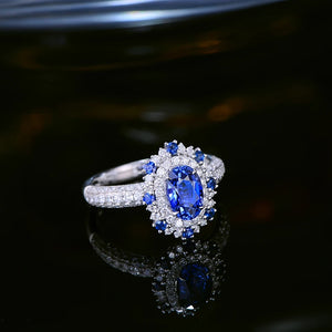 September Birthstone Sapphire Ring 18Kt White Gold with Genuine Diamonds for Women