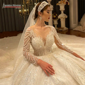 Dubai Style Royal Train Ball Gown Wedding Dress with Long Sleeves