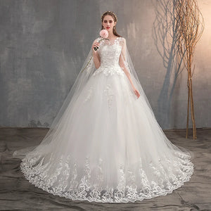 Long Cap Lace Wedding Gown With Long Train Embroidery Princess Plus Size Bridal Dress