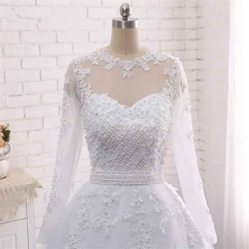 Pearls Beads 2 in 1 Brazil Wedding Dressace Appliques Detachable Train A Line Wedding Dress