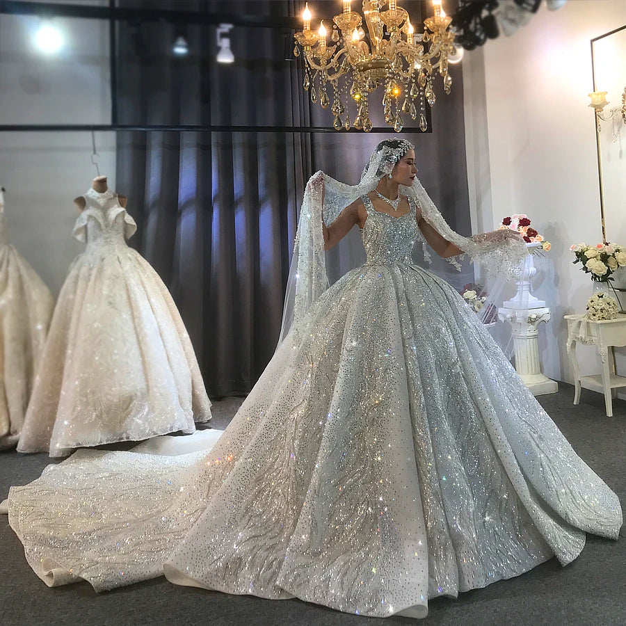 Customized Dubai Luxury Heavy Beaded Sparkling Wedding Dress Real Work Bridal Gown