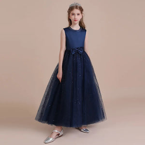 Navy Satin Tulle Long Formal Party Gown Glitter Flower Girl Dress Birthday Party Dress