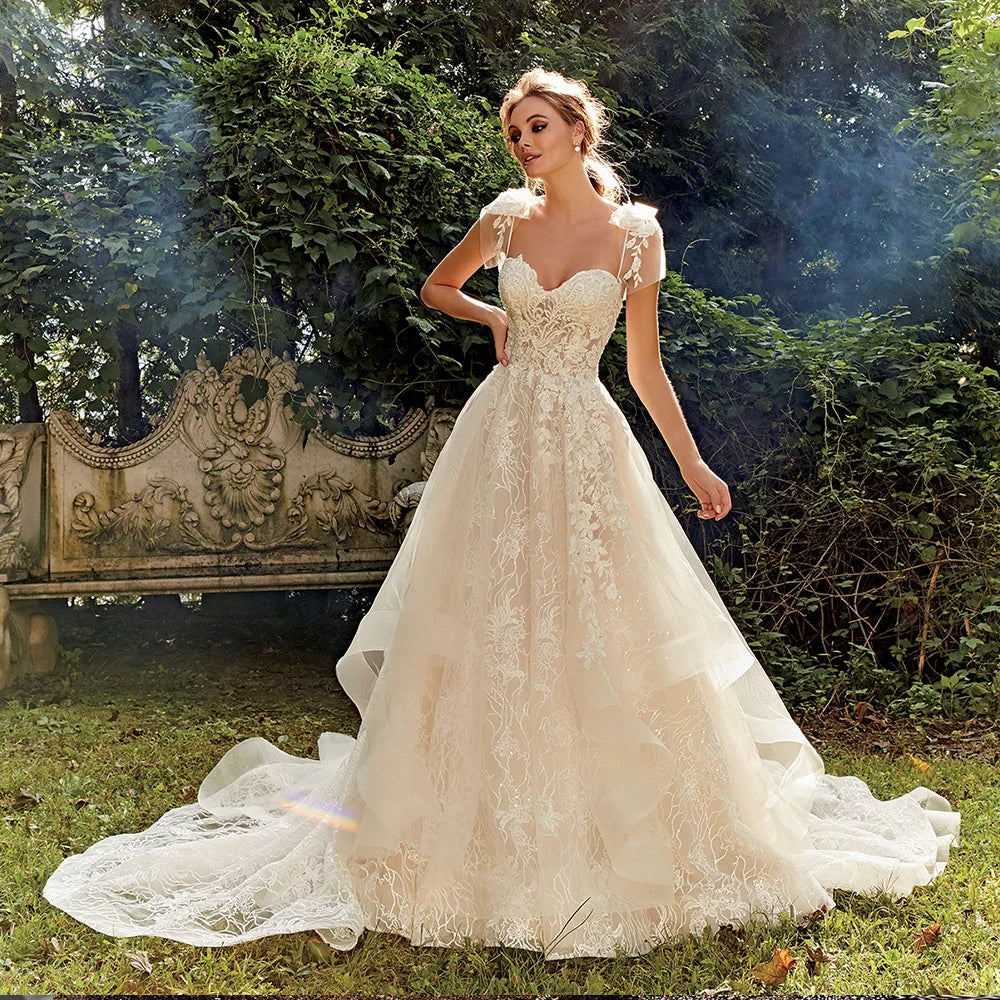 Short Sleeve Bridal Dress Beading Appliques Illusion Back France Satin  Wedding Gown