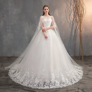 Long Cap Lace Wedding Gown With Long Train Embroidery Princess Plus Size Bridal Dress