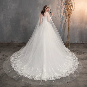 Long Cap Lace Wedding Gown With Long Train Embroidery Princess Plus Size Bridal Dress