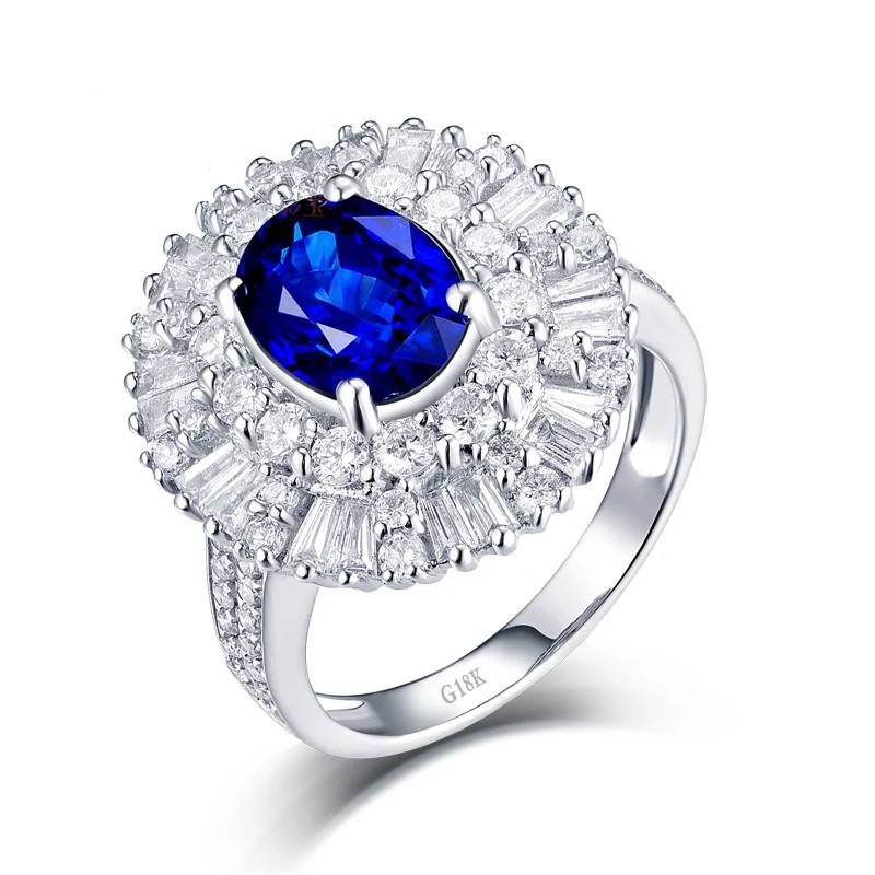 Luxury Sapphire Diamond Ring 18K White Gold Wedding Jewelry