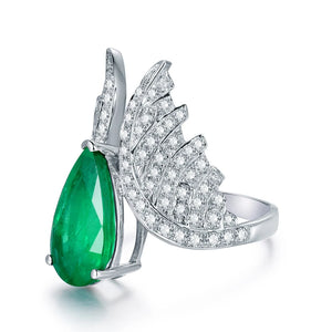 Angel Wings 18Kt White Gold Emerald & Diamond Ring for Women