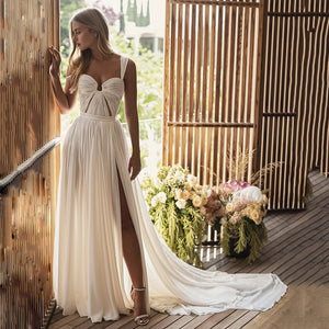 Boho Ivory A-Line Pleated Chiffon Beach Wedding Dress Sweetheart High Slit Backless Bridal Gown