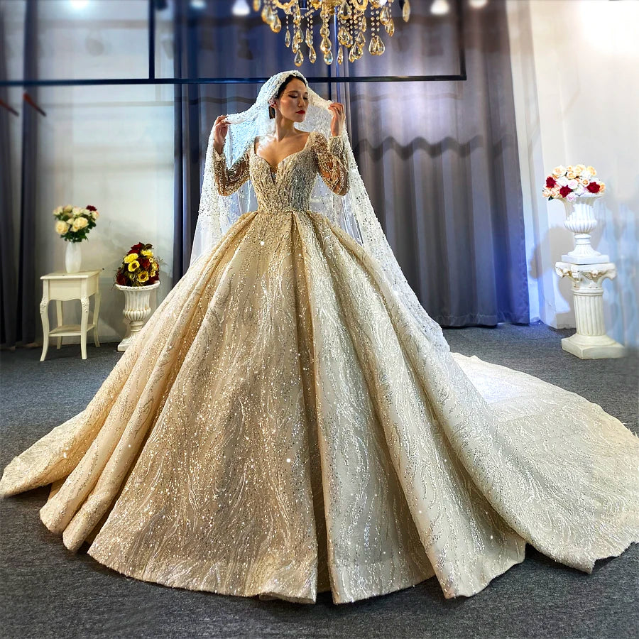 Full Beaded Wedding Dress with Long Sleeves High-Quality Real Work Bridal Gown