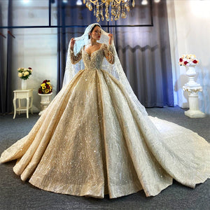 Full Beaded Wedding Dress with Long Sleeves High-Quality Real Work Bridal Gown