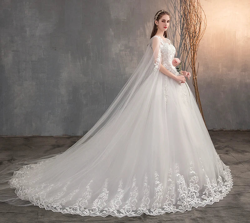 Long Cap Lace Wedding Gown With Long Train Embroidery Princess Plus Size Bridal Dress