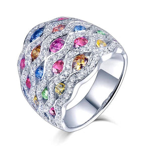 14K White Gold 7.33g Multicolor Sapphire & Diamond Engagement Ring for Women