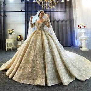 Full Beaded Wedding Dress with Long Sleeves High-Quality Real Work Bridal Gown