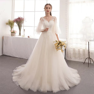 Elegant A-Line Off-Shoulder Wedding Dress with V-Neck and Lace-Up Back