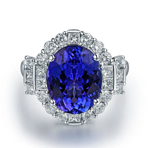 100% Natural Blue Tanzanite Oval Cut 18Kt White Gold Ring with Diamonds