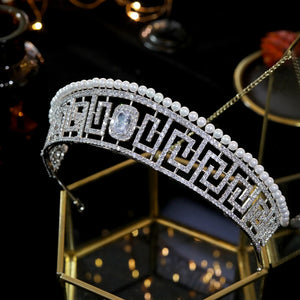 Luxury CZ Tiaras European Royal Princess Crown Pearl Wedding Bridal Hair Accessory