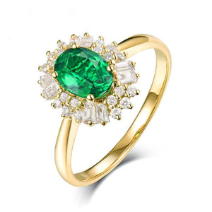 Natural Diamond 14K Yellow Gold Oval Emerald Ring 0.8ct Luxury Jewelry for Girls